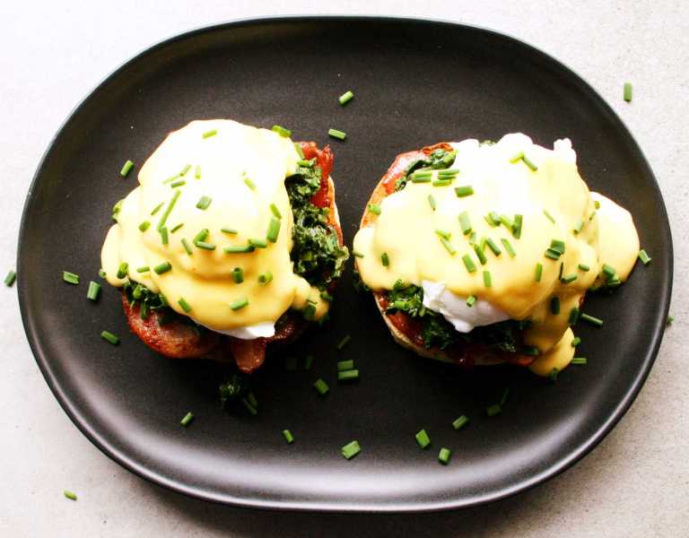 Eggs florentine - english miffin with bacon, creamed spinach, poached eggs and hollandaise with garnish - thegoodgreeff.com.jpg